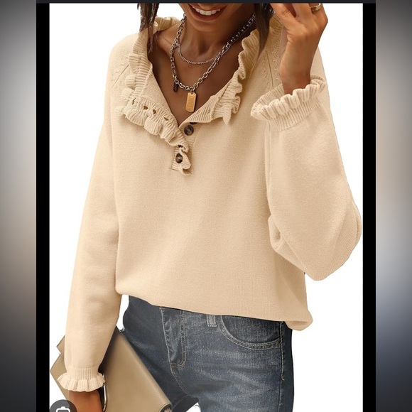 BTFBM Women's Tan Soft Ruffle Partial Button Down Sweater small - Picture 8 of 10